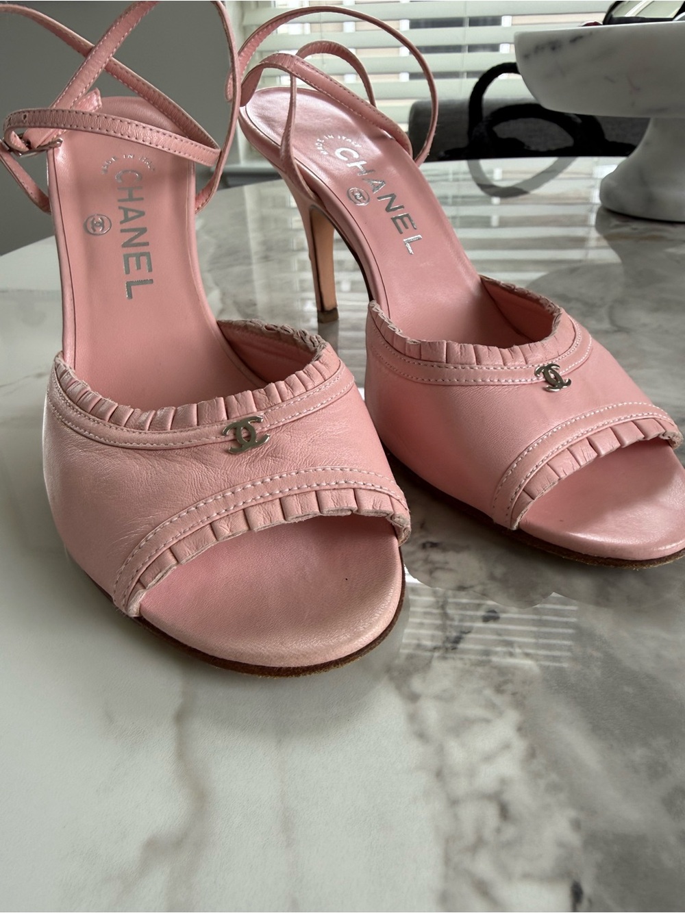 CHANEL Pink Leather Open-Toe Ankle-Strap Heels - Picture 6 of 7